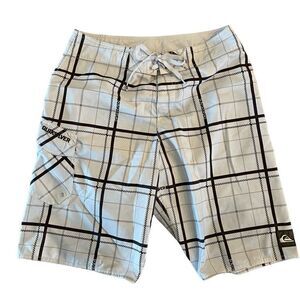 Quiksilver Mens White Cream Brown Plaid Surf Beach Boardshorts Size 31